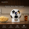 A Polartec Media Magic Projector designed like a soccer ball, shown on a wooden kitchen counter with popcorn, a drink, and text overlays highlighting its features.