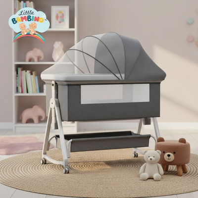 Gray baby crib with canopy in a room with toys and books