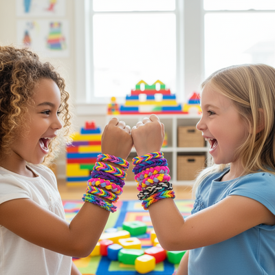 Two children showing off colorful bracelets in a room with toys in the background