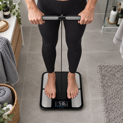 A person standing barefoot on a digital body scale in a bathroom, wearing black leggings. The scale has a black frame with gray platforms and a digital display showing 58.