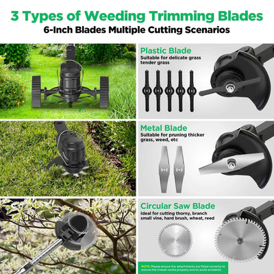 Three types of weeding trimming blades with their respective uses and illustrations.