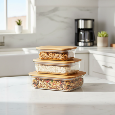 Milex 3pcs Bamboo Lid Glass Container Set