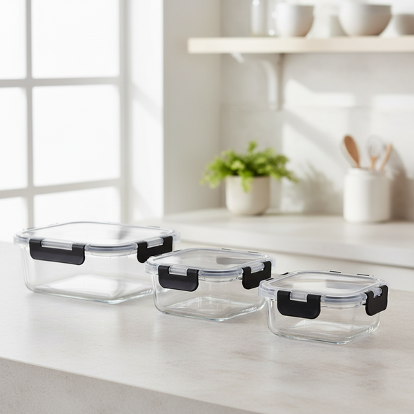 Milex 3-Piece Locking Lid Glass Container Set – Borosilicate Glass Food Storage Containers – 2 Pack