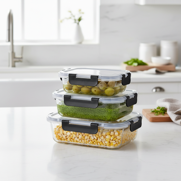 Milex 3-Piece Locking Lid Glass Container Set – Borosilicate Glass Food Storage Containers – 2 Pack
