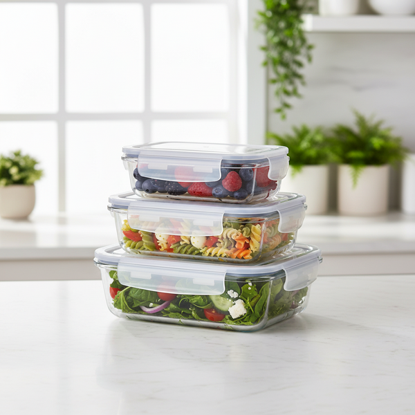 Milex 3-Piece Locking Snap Lid Glass Container Set – Glass Food Storage Containers – 2 Pack