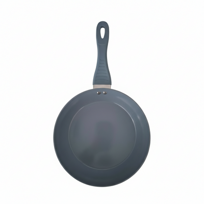 Gray frying pan with a handle on a white background