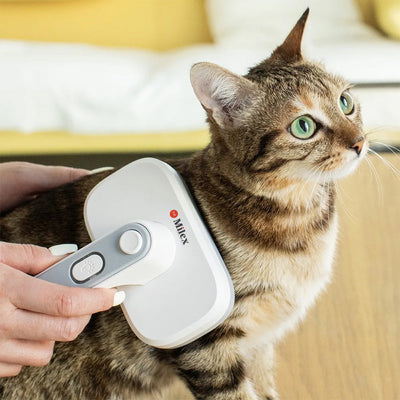Cat being groomed with a Milex pet grooming brush on a light-colored surface.