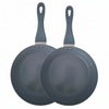 Two gray frying pans with handles on a white background