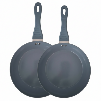 Two gray frying pans with handles on a white background