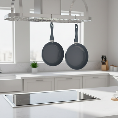 Two gray frying pans with handles on a white background