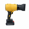 A cordless leaf blower attachment with a yellow and black body, shown with its black 21V battery pack against a plain white background.