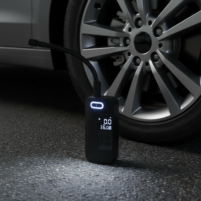 Portable air compressor device next to a car tire on a dark surface