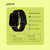 Black smartwatch on a green background with Polaroid branding and feature list.
