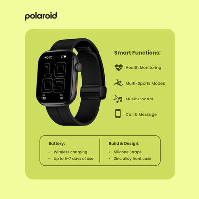 Black smartwatch on a green background with Polaroid branding and feature list.