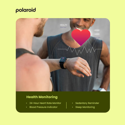 Person wearing a smartwatch with health monitoring features displayed on a yellow background