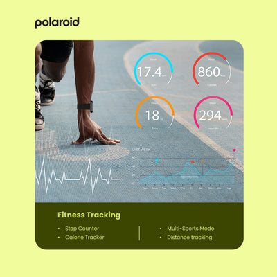 Polaroid fitness tracker display with heart rate monitor on a yellow background