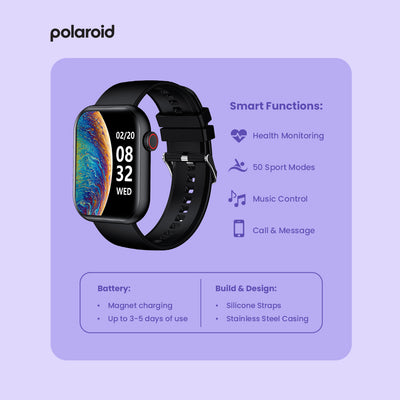 PA86 Polaroid Fit Active Watch with features listed on a purple background.