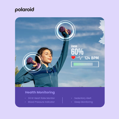 Person exercising outdoors with health monitoring graphics and Polaroid branding