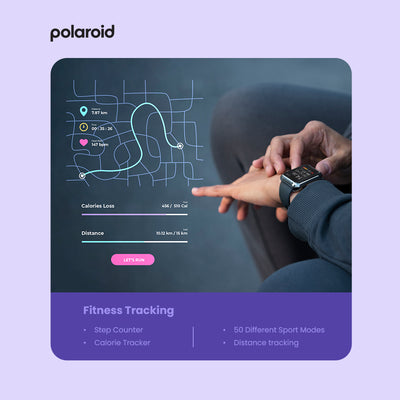 PA86 Polaroid Fit Active Watch with fitness user interface on a purple background