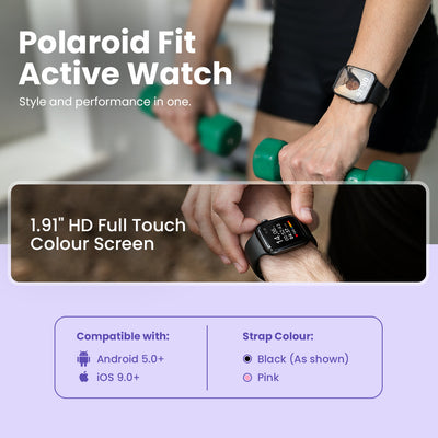 Polaroid Fit Active Watch with text highlighting features and compatibility on a blurred background.