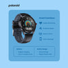 Polaroid smartwatch with features listed on a blue background