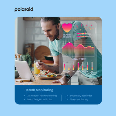 Man using a health monitoring watch with a digital interface on a blue background, featuring the Polaroid logo.