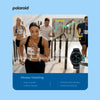 Polaroid fitness tracker with a woman running and fitness tracking features displayed on a blue background.