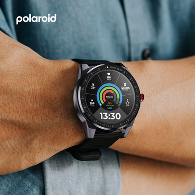Smartwatch on a wrist with a visible Polaroid logo