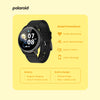 Polaroid smartwatch with features on a yellow background