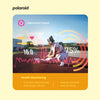 Polaroid menstrual tracker advertisement with a woman on a track and field, health monitoring graphics, and Polaroid logo.