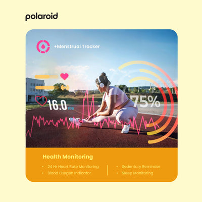 Polaroid menstrual tracker advertisement with a woman on a track and field, health monitoring graphics, and Polaroid logo.