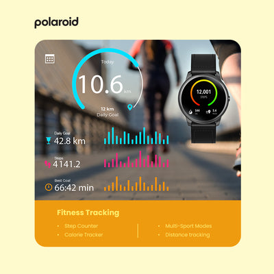 Polaroid Bluetooth Calling Smart Watch with digital display on a blurred background