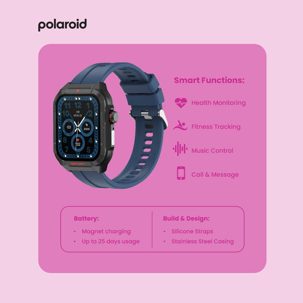 Polaroid Medi Smart Watch – Bluetooth Calling | 1.83" HD Display | Health & Fitness Tracker