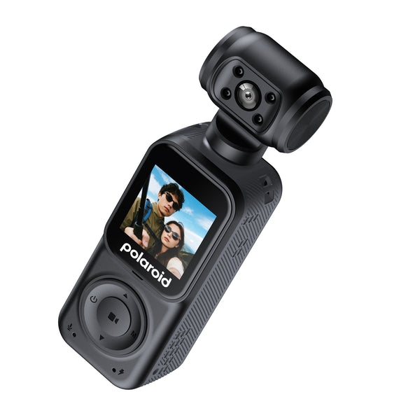 Polaroid PowerShot G11 compact action camera in matte black, featuring a textured grip, a top-mounted viewfinder lens, and a color display screen showing a selfie.