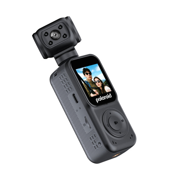 Polaroid PowerShot Lenses P200 compact camera in matte black, featuring a built-in lens mount and a small color display screen showing a selfie of two people.