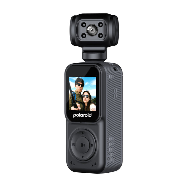 A black Polaroid handheld action camera with a top-mounted lens module and a small front display showing a selfie, isolated on a white background.