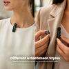 A split-screen lifestyle image showing a small wireless lapel microphone clipped to a woman's collarbone in two different ways: worn on the left, and held by hands against her beige blazer on the right. The text at the bottom reads 'Different Attachment Styles'.