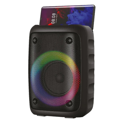 Black portable speaker with colorful LED lights on a white background