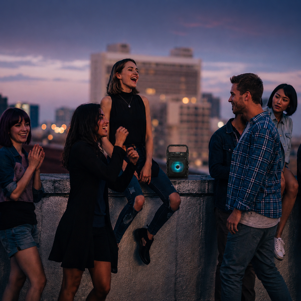 A group of young adults socializing on a rooftop at dusk, with one person wearing a black sleeveless top and jeans sitting on a concrete ledge next to a glowing portable speaker. The background shows a city skyline with blurred buildings and twilight sky.