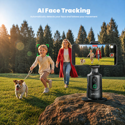 A Polaroid security camera on a rock in a sunny park, with a smartphone showing a live feed of a woman and child walking a dog. Text at the top reads 'AI Face Tracking'.