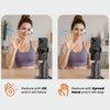 Two side-by-side demo panels show a smartphone mounted on a handheld gimbal in a home setting, with a woman waving and gesture-tracking overlays explaining the feature: one follows an OK gesture, the other stops when the hand is spread open.