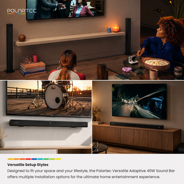 Polartec Versatile Adaptive 40W Sound Bar – Bluetooth 5.3 Soundbar with HDMI, Optical & USB Connectivity