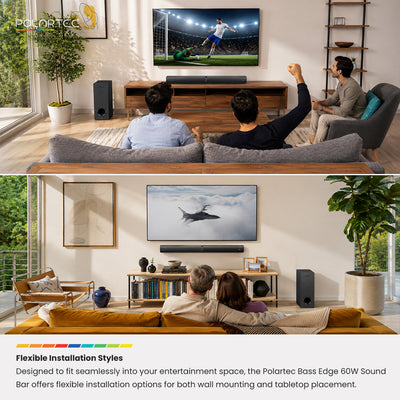 Polartec Bass Edge 60W Sound Bar – 2-in-1 Bluetooth Soundbar with Subwoofer & Wireless Microphones