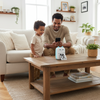Man and child in a living room with a wooden coffee table and photo printer.