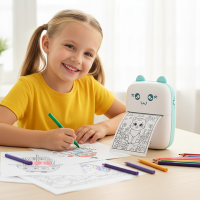 Child coloring with a printer and coloring book on a table.