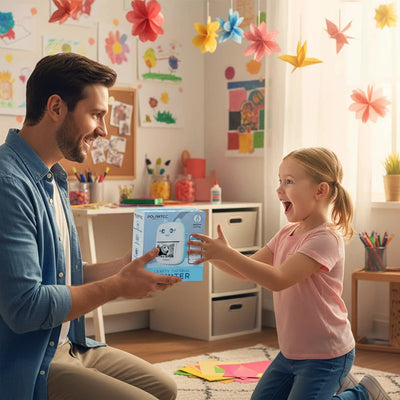 Man and young girl in a room with colourful decorations, holding a mini thermal printer together.