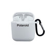 White wireless earbuds case with 'Polaroid' branding and a carabiner on a white background