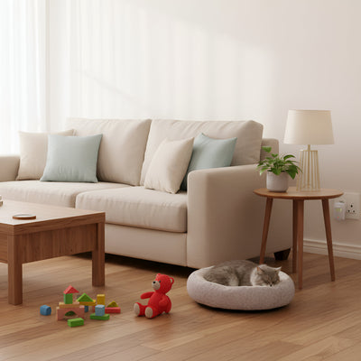 Ultrasonic Pest Plug-In Repellent plugged in living room with beige sofa, wooden coffee table, and cat bed with a cat on it.