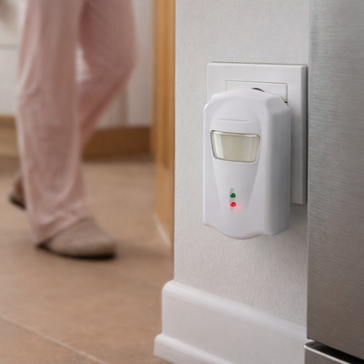Ultrasonic Pest Plug-In Repellent on a wall with a person's feet in the background