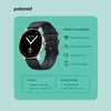Polaroid smartwatch with features listed on a light green background